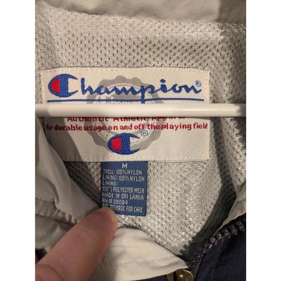 Champion Navy Blue Lightweight Windbreaker Jacket Nylon Mens Medium Rolled Hood - Picture 6 of 12